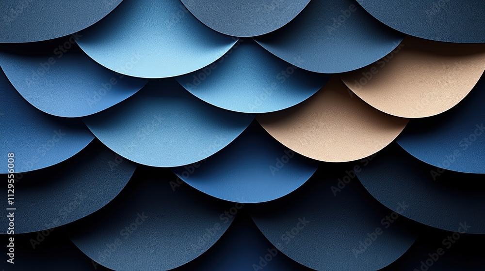 Poster decorative paper waves in various shades of blue and beige creating a textured pattern for interior 