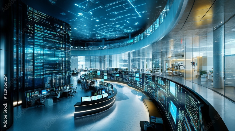 Poster in a cutting-edge office space, professionals utilize advanced technology to analyze data related to