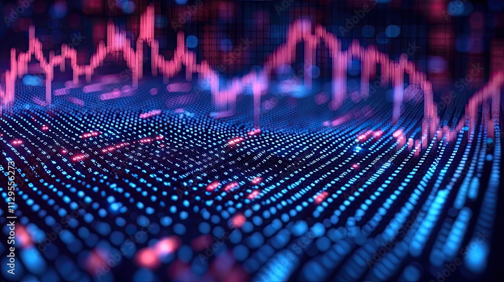 Poster visual representation of financial market data with vibrant colors and fluctuating patterns during d