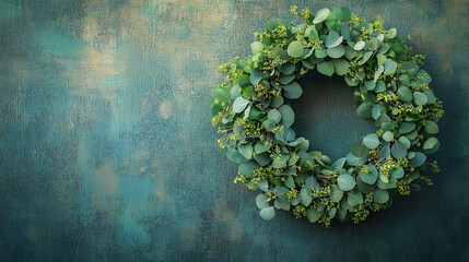 Lush Green Eucalyptus Wreath Hanging Against Vintage Teal Wall