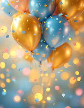 Festive Golden and Blue Balloons with Colorful Confetti on Blurry Bokeh Background