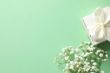 Top view photo with gift box and gypsophila flowers on color background 