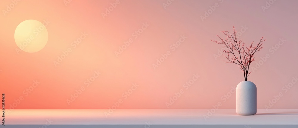 Poster white vase with a small tree in it on a white surface. the vase is cylindrical in shape and has a sm