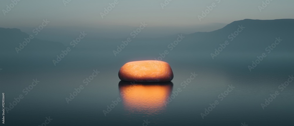 Poster Photograph of a single orange-colored object floating on the surface of a body of water. the object appears to be a rock or a stone, with a smooth surface and a round shape.