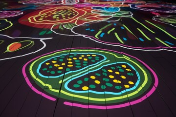 Vibrant neon art illuminating cultural motifs on a dark surface.