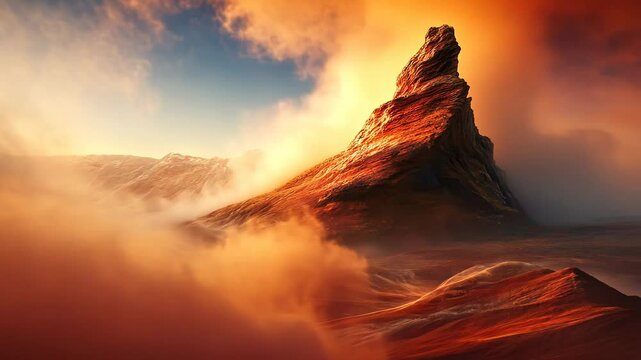 Majestic red mountain peak shrouded in mist during sunset