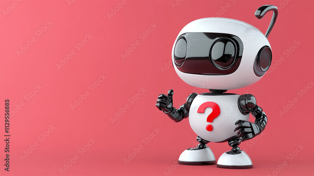 Poster cute robot with question mark on chest offers help in front of a pink background