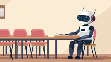 A cartoon-style robot sits at a table in an empty room, with chairs around it, illustrating themes of technology and solitude.