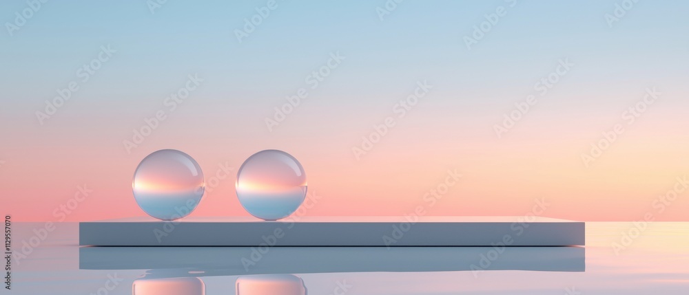 Poster two spherical objects on a white platform with a pink and blue gradient background. the objects are 