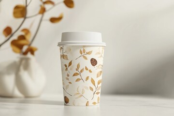 Warm coffee cup with floral design on a smooth surface in a cozy setting with soft lighting