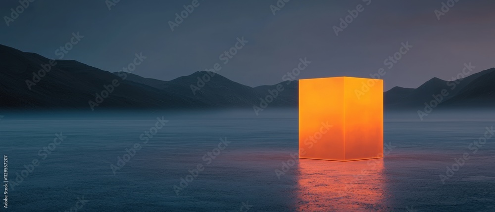 Poster photograph of a square-shaped object in the middle of a vast body of water. the object appears to be