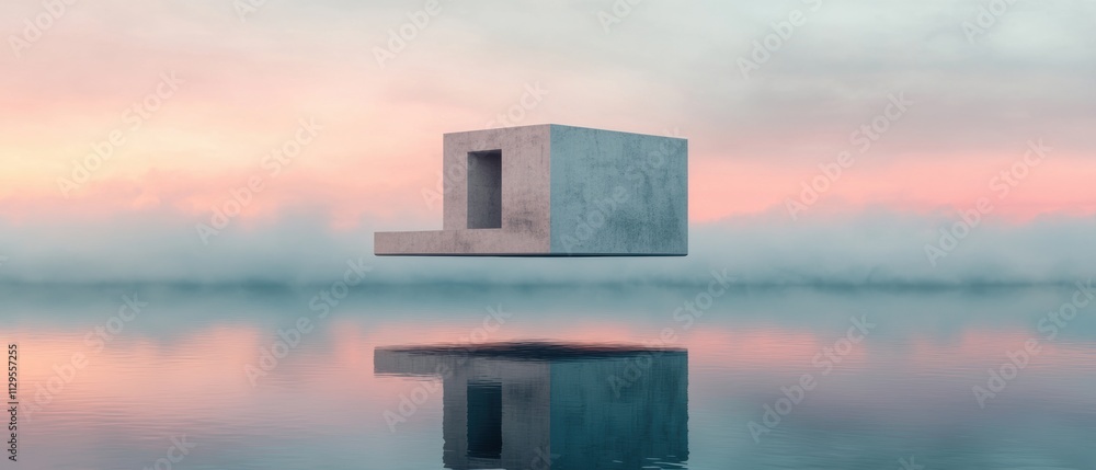 Poster digital illustration of a cube floating on top of a body of water. the cube is made of concrete and 