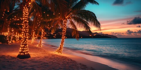 Tropical beach sunset with holiday-lit palm trees