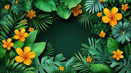 Fototapeta premium Tropical foliage arrangement with vibrant flowers against a dark background