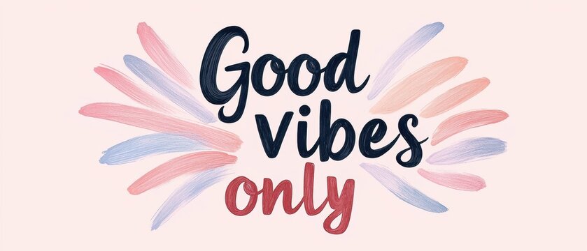Text-based graphic with the words "good vibes only" written in a cursive font. the text is written in black ink on a light pink background. - Powered by Adobe