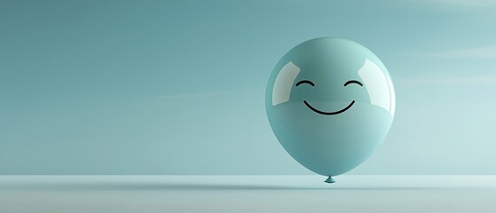 3d rendering of a light blue balloon with a smiley face on it. the balloon is in the center of the image and is standing on a plain white surface.