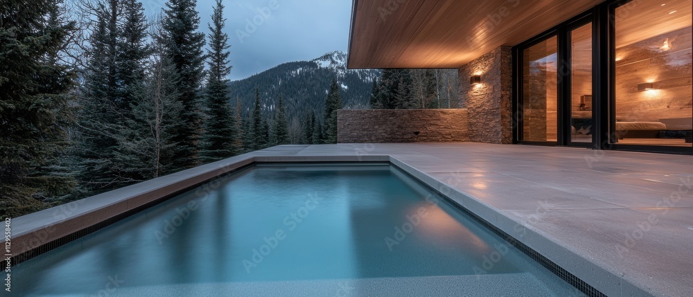 Poster modern house with a large swimming pool in the foreground. the pool is rectangular in shape and is s
