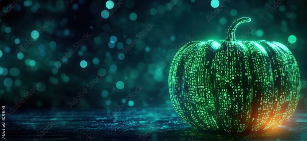 Poster digital pumpkin with binary code, glowing green against dark background, abstract technology theme, 