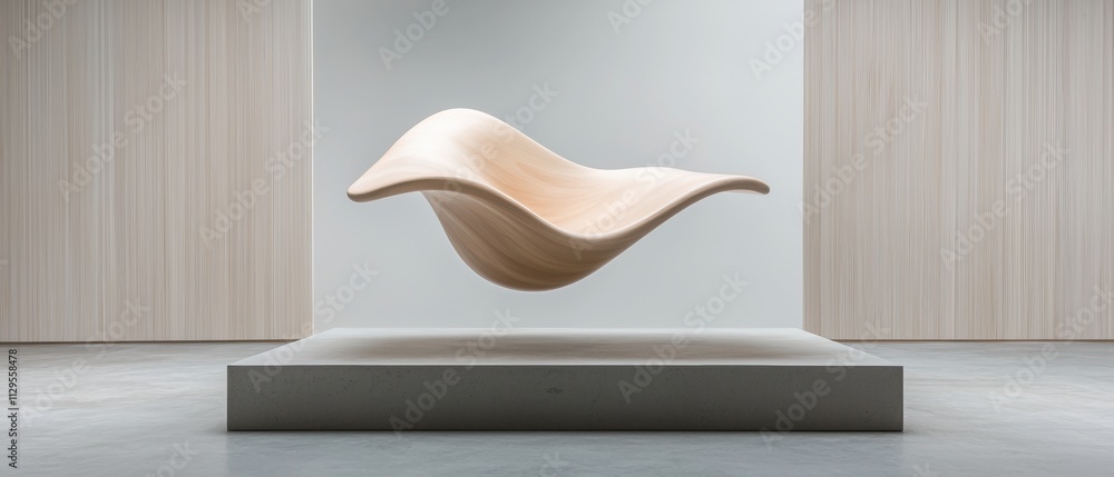 Poster empty room with a concrete platform in the center. on the platform, there is a sculpture of a curved