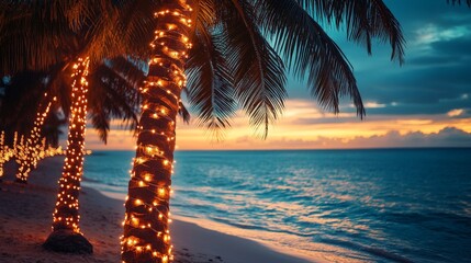 Tropical beach sunset with holiday-lit palm trees