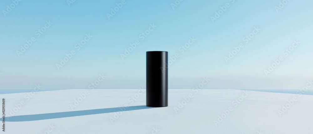 Poster black cylindrical object standing on a white surface with a clear blue sky in the background. the ob