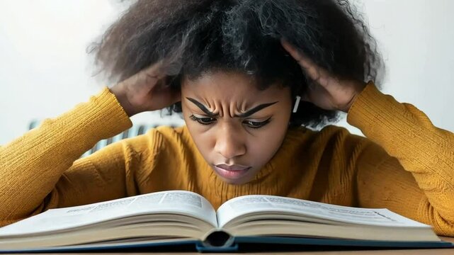 A close up shot of a person sitting at a desk, looking perplexed as they flip through a thick instruction manual