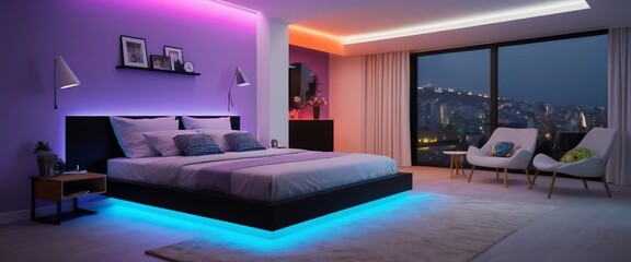 Modern bedroom with LED lighting and city view.
