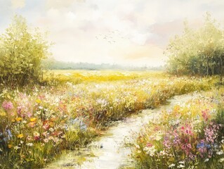 Fototapeta premium Serene Meadow at Dawn, vibrant wildflowers bloom beside a gentle stream, golden fields stretch under a pastel sky, birds soar peacefully overhead in the tranquil landscape.