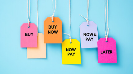Colorful Buy Now  Pay Now   Later Tags on Blue Background