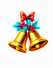 Golden Bells with Holly Leaves, Red Berries, and Bows on White Background