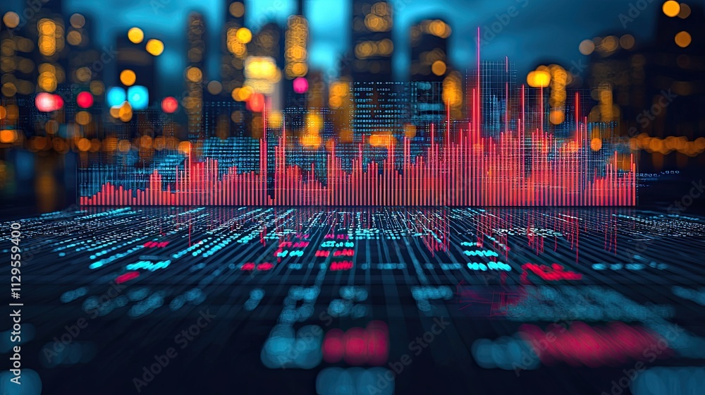 Poster visual representation of data analytics over a city skyline at night showcasing vibrant graphs and d