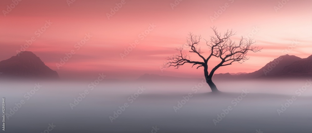 Poster landscape photograph of a lone tree in the middle of a foggy field. the tree is bare with no leaves,