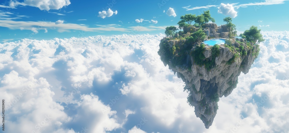 Aufkleber floating island with lush greenery and pool above clouds, copy space for text