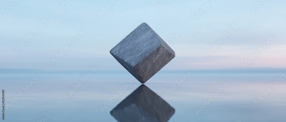Poster photograph of a cube floating on the surface of a body of water. the cube is in the center of the im