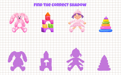Logic game for children find correct shadow with cute toy doll and plush bunny