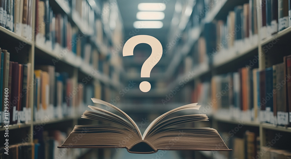 Aufkleber Mysterious open book in library with question mark on top inviting curiosity and exploration