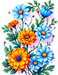 Dramatic Dutch Light Floral Arrangement with Scattered Orange Lilies and Vivid Blue Irises