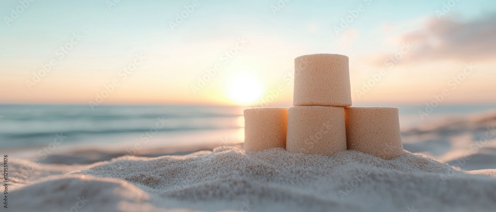 Poster stack of three beige-colored marshmallows on a sandy beach. the marshmallow stack is in the center o