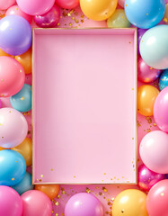 Colorful Balloons Frame with Gold Glitter and Pastel Background