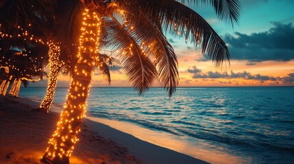 Tropical beach sunset with holiday-lit palm trees