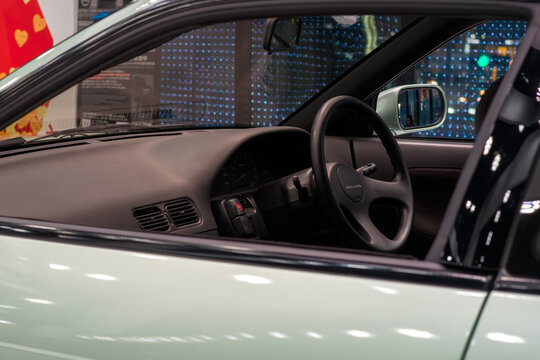 Ginza, Tokyo - Nov 22 2024: On display at the Nissan Crossing Ginza Store, a 1990s S13 K's Silvia Low Mileage JDM Show Car, pristine, original, unmodified two tone paint and interior condition