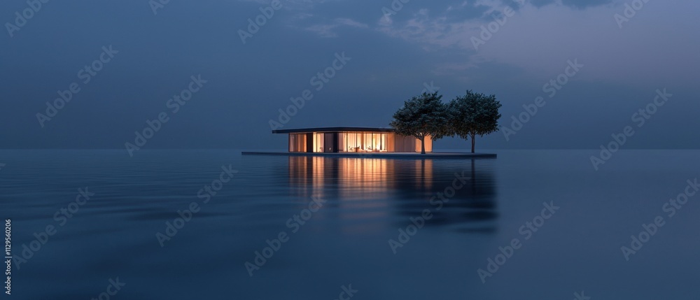 Poster small island in the middle of a body of water. the island is rectangular in shape and has a flat roo