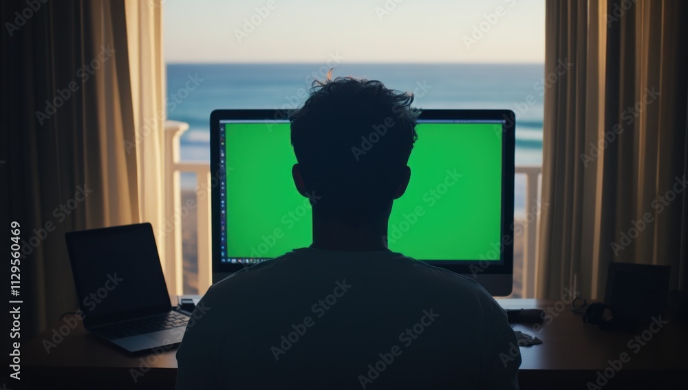 Poster man silhouetted against ocean view, working on computer with green screen.