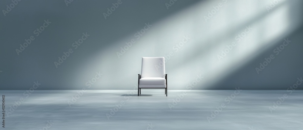Poster white armchair in an empty room with a light blue background. the chair is facing towards the right 