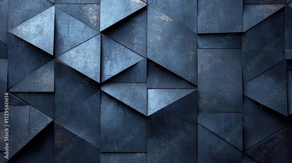 Poster abstract geometric design featuring various triangular shapes in dark blue tones with textured surfa