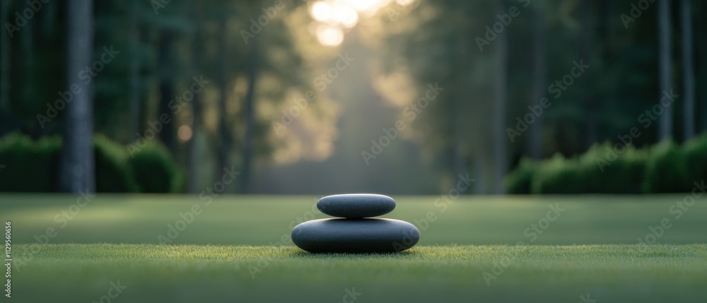 Poster stack of three black pebbles on a grassy field. the stones are arranged in a pyramid-like shape, wit