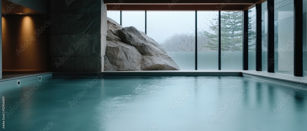 Poster indoor swimming pool with a large rock in the background. the pool is rectangular in shape and has a