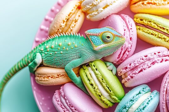 A vibrant chameleon rests atop colorful macarons, creating a playful and whimsical contrast between nature and dessert.