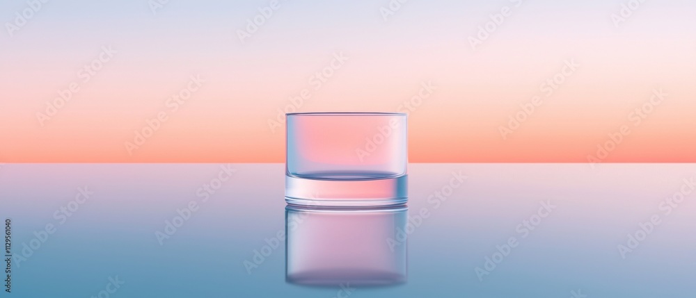 Poster 3d rendering of a glass of water on a reflective surface. the glass is empty and is placed in the ce