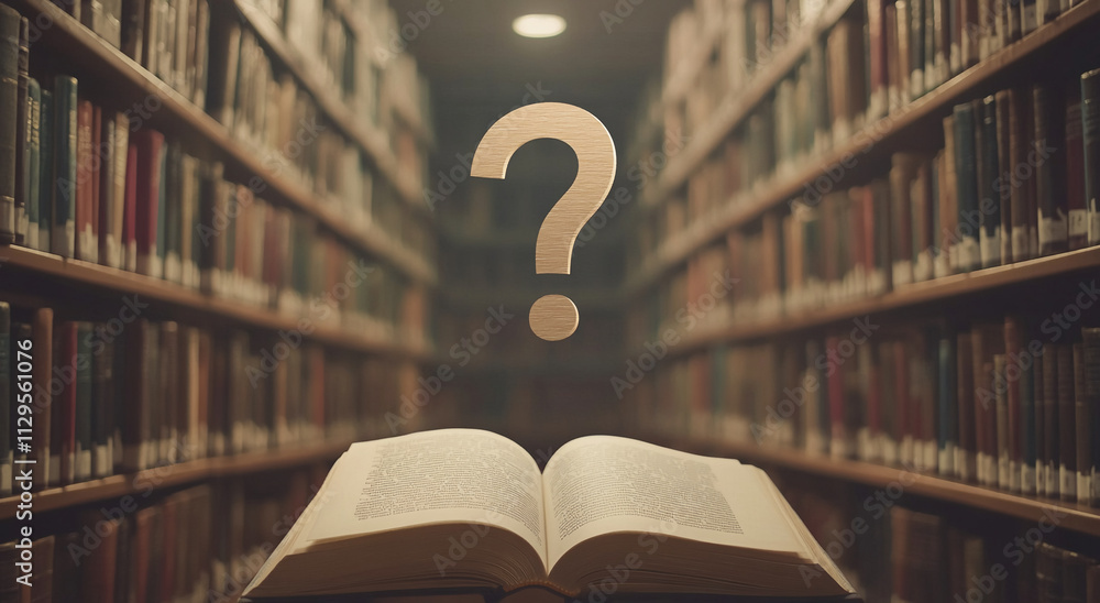 Poster Open book in a library with question mark representing search for knowledge and answers among the shelves
